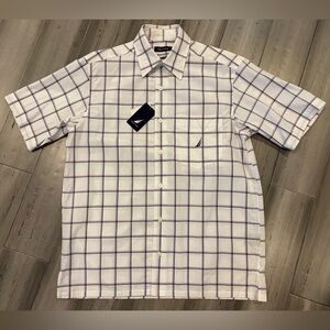 [NWT] Nautica White Short Sleeve Plaid Button-Down Shirt with Purple Grid, S